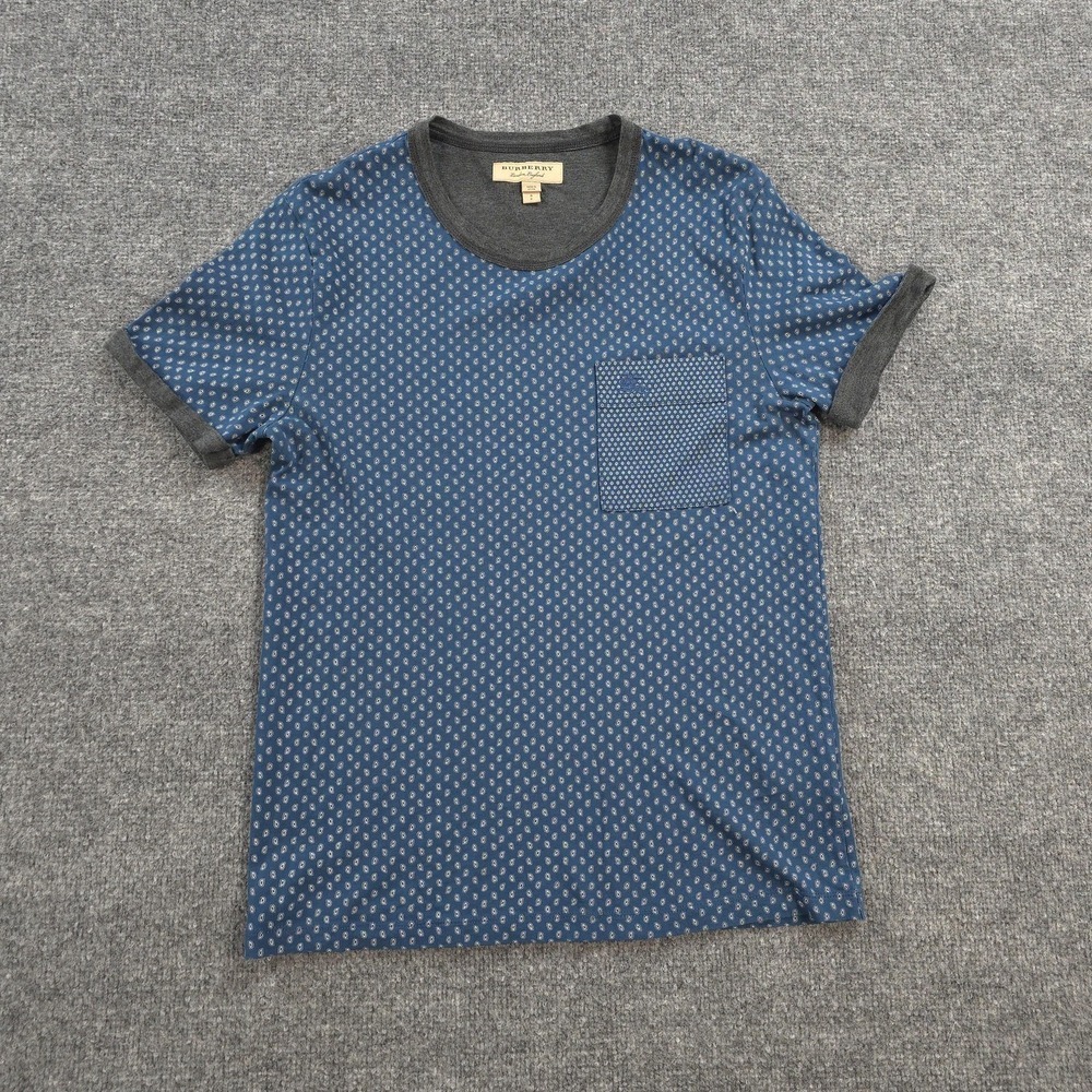 Burberry Shirt Mens Small Blue Paisley Pocket Ringer Logo Cotton Tee Crewneck